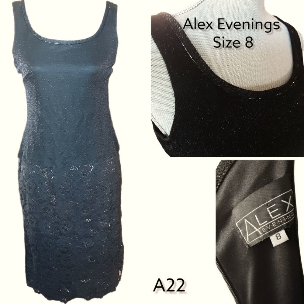 Alex Evenings Black, Scooped Neckline, Sleeveless, Two Textures, Size 8